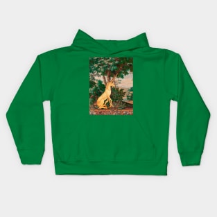 UNICORN IN WOODLAND LANDSCAPE AMONG GREENERY AND TREES Pink Green Hues Kids Hoodie